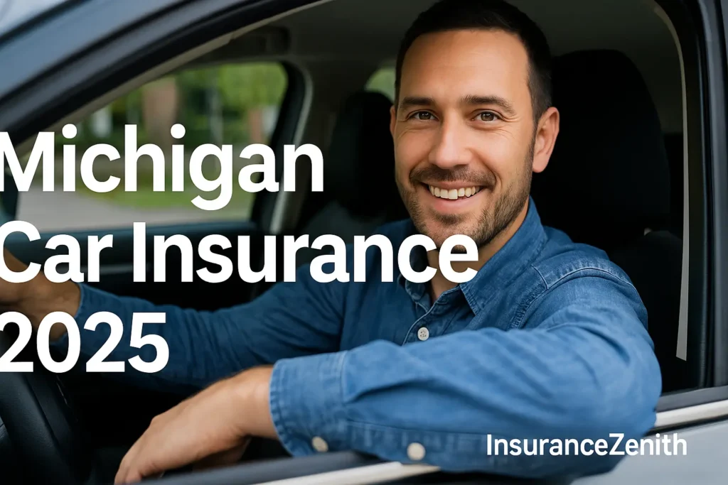 Car Insurance Car Insurance Car Insurance Michigan 2025 – driver smiling in his car in suburban neighborhood