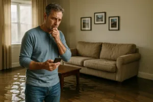 Middle-aged homeowner assessing flood damage in home – flood insurance 2025