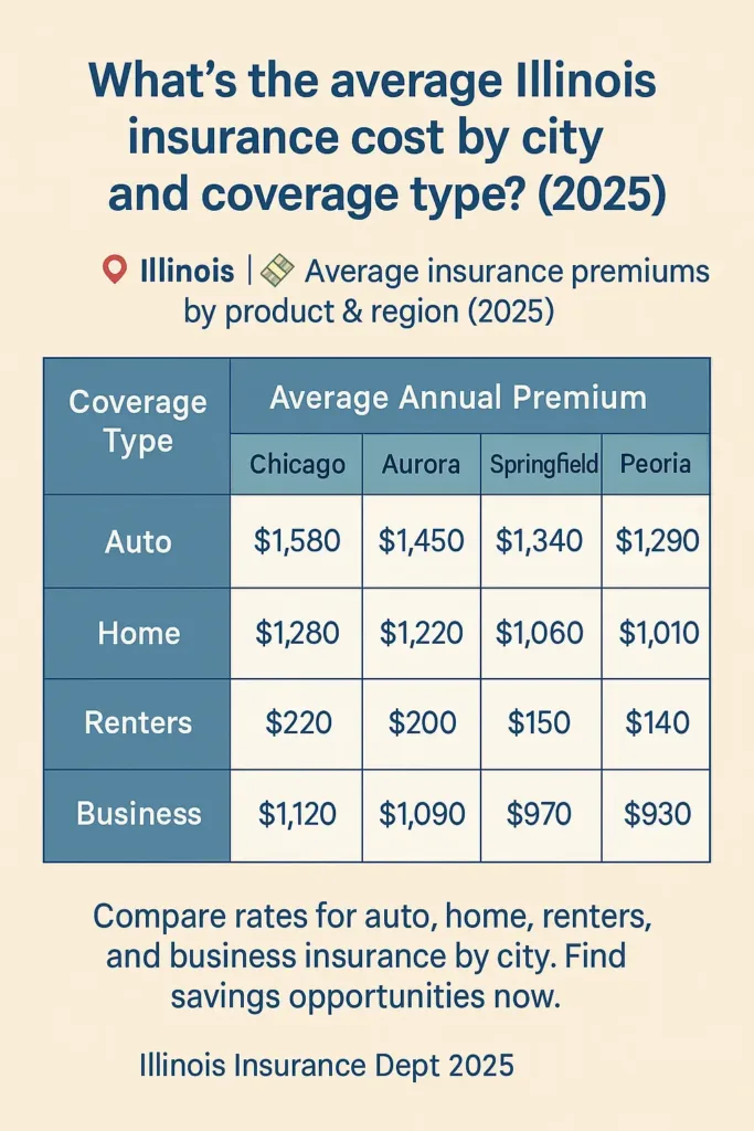 Illinois Insurance: Your Essential 2025 Guide Illinois insurance Table of average Illinois insurance premiums by type and city (2025 data)