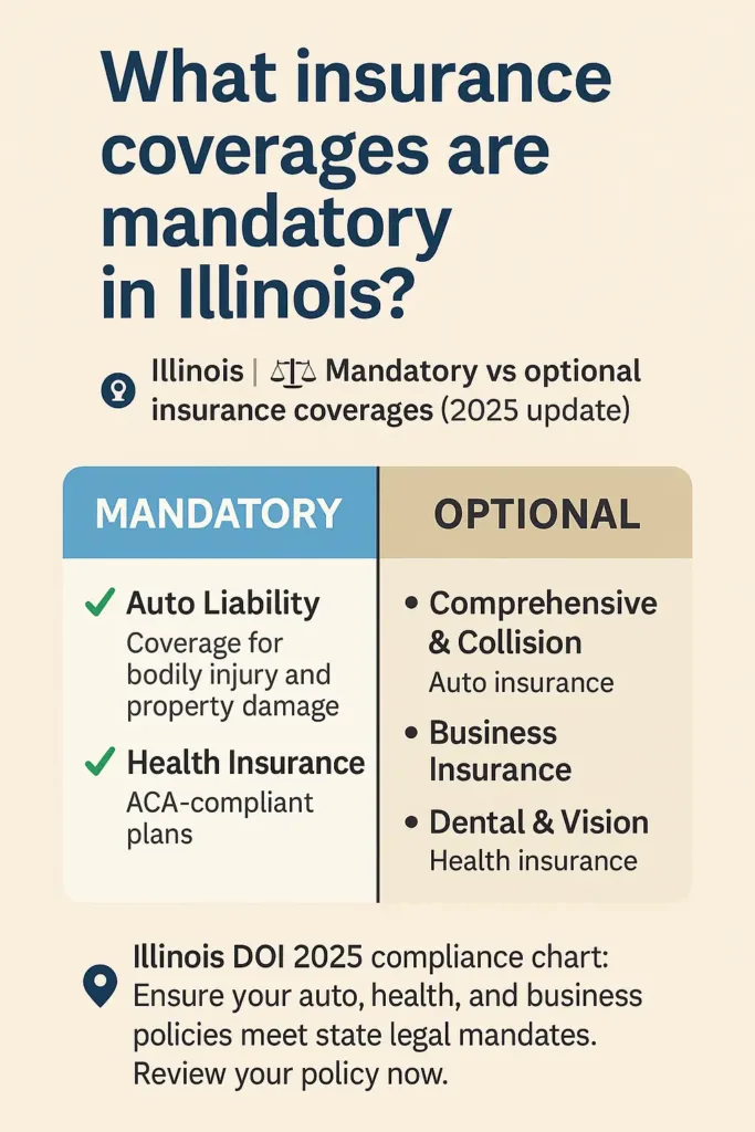 Illinois Insurance: Your Essential 2025 Guide Illinois insurance Visual chart of Illinois mandatory insurance coverages vs optional policies in 2025
