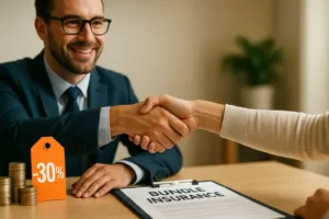 Auto and Renters Insurance Bundle Renters Insurance Payout Time Handshake between an insurance agent and a client with bundle insurance documents and a 30% discount tag (2025)