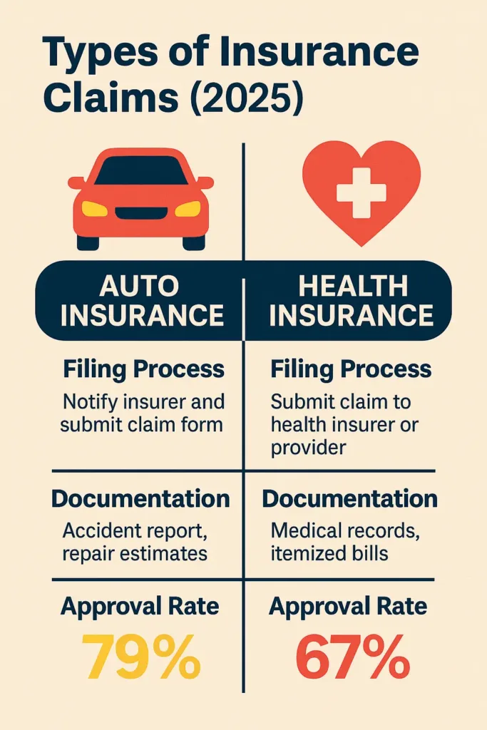 Insurance Claim Success insurance claim Infographic comparing auto and health insurance claims procedures (2025 data)
