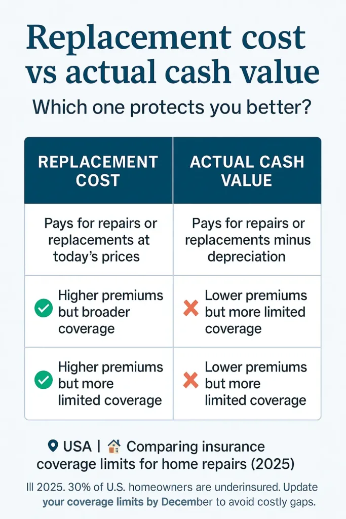 Insurance Policy Secrets Insurance Policy Comparative table of replacement cost versus actual cash value in home insurance policies (2025 data)
