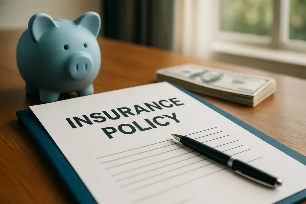 Home Insurance Home Insurance Insurance policy document with piggy bank and dollar bills on desk (2025 USA)