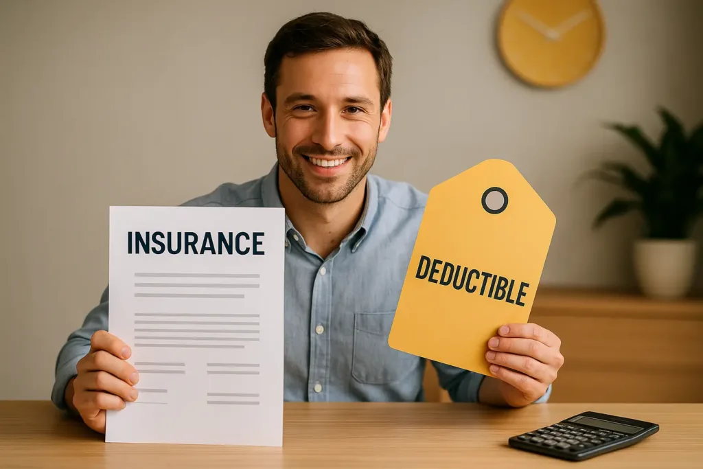 Car Insurance Car Insurance Smiling man holding insurance document and deductible tag explaining what is a deductible in insurance