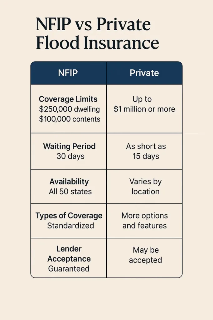 Flood Insurance Guide 2025 flood insurance Comparison table highlighting coverage limits, waiting periods, and key differences between NFIP and private flood insurance.