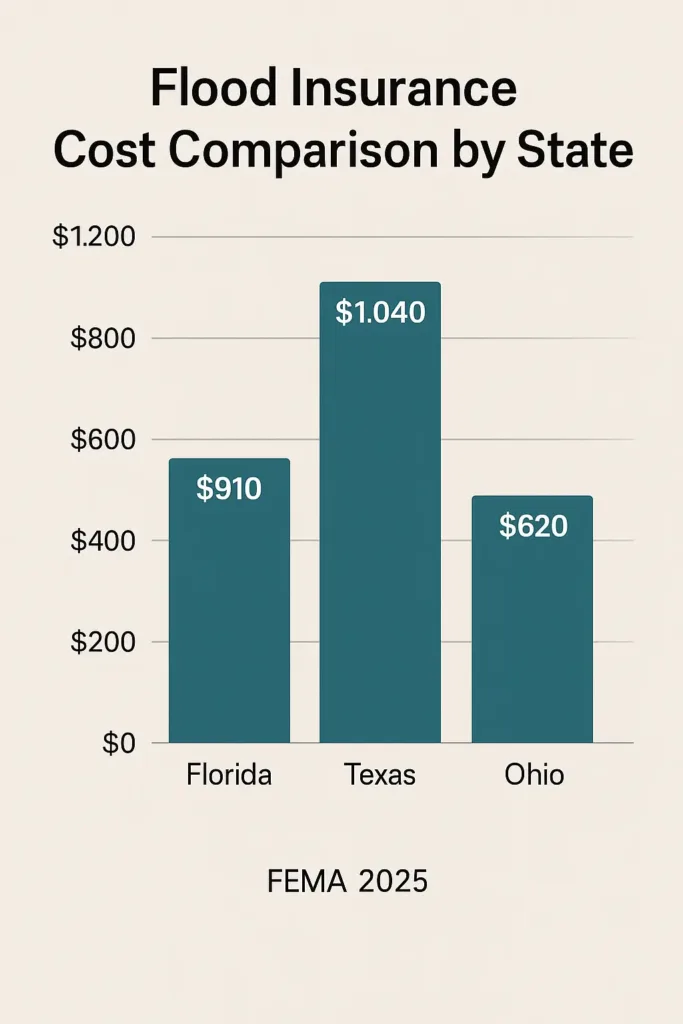 Flood Insurance Guide 2025 flood insurance Bar chart comparing average flood insurance premiums in Florida, Texas, and Ohio for 2025.