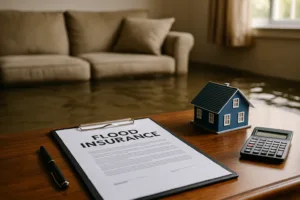 Flood insurance documents with house model and calculator on a table, background shows living room flooded with water.