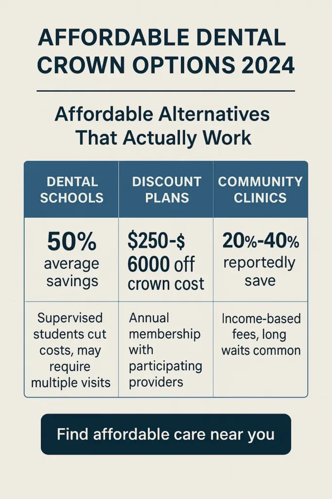 How Much Is a Crown Without Insurance? how much is a crown without insurance Table comparing dental schools, discount plans, and community clinics for cheaper crowns in 2024.