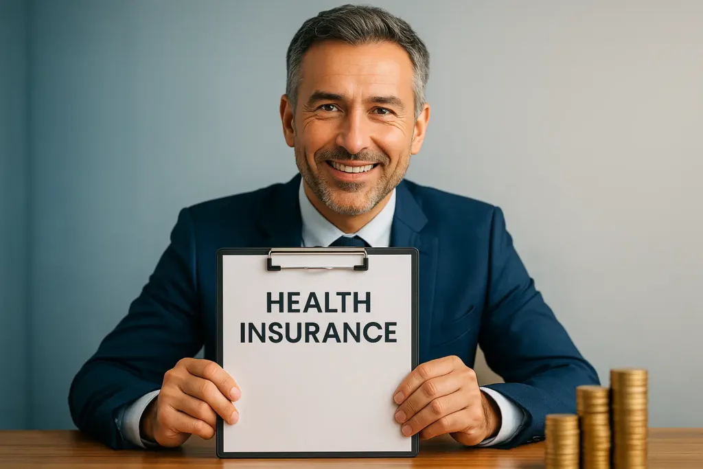 Affordable Health Insurance affordable health insurance options Smiling insurance agent holding a health insurance document with stacked coins symbolizing affordable health insurance savings (2025)