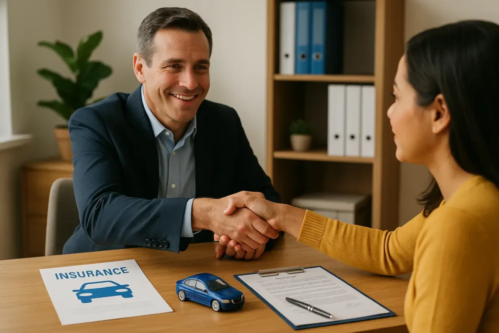 Car Insurance Florida 2025 car insurance quotes massachusetts Insurance agent shaking hands with a client in a Florida office, with car insurance documents and a toy car on the desk.