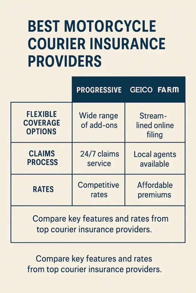Motorcycle Courier Insurance motorcycle courier insurance Comparison table of Progressive, GEICO, and State Farm courier insurance plans.