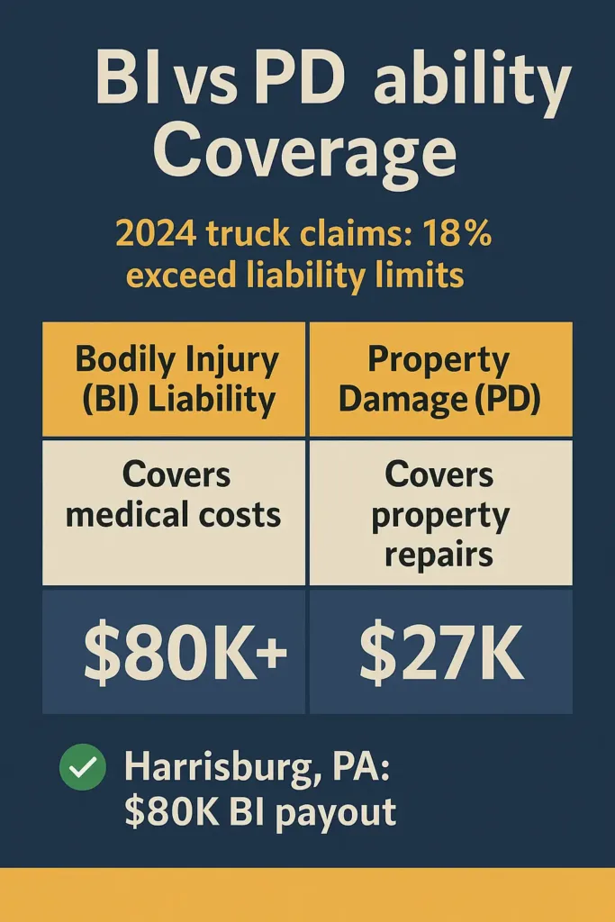Truck Liability Coverage truck liability coverage 2024 truck claims: 18% exceed liability limits. Bodily Injury (BI) covers $80K+, Property Damage (PD) handles $27K repairs