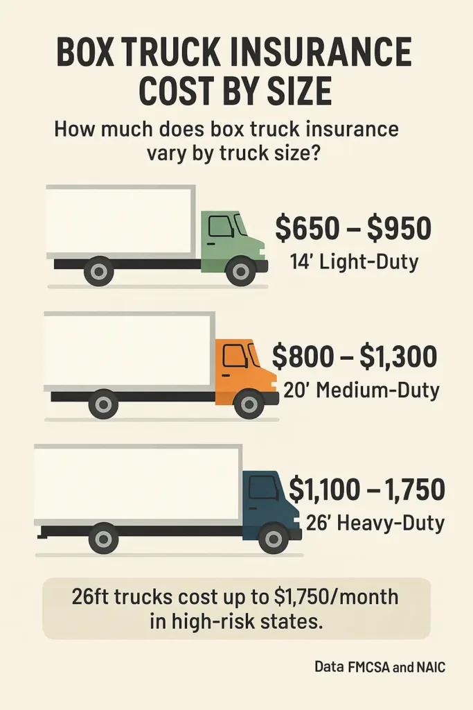 Box Truck Insurance Cost in 2025 box truck insurance cost Infographic showing 14ft, 20ft, and 26ft box truck insurance costs in 2025.