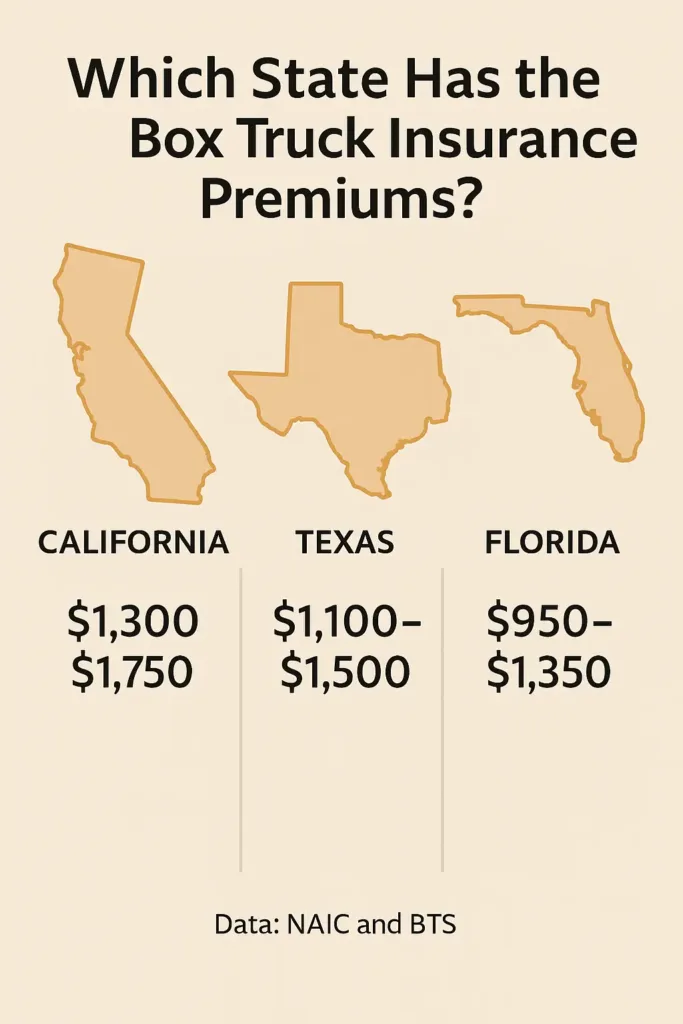 Box Truck Insurance Cost in 2025 box truck insurance cost Chart comparing box truck insurance costs in Texas, California, and Florida.