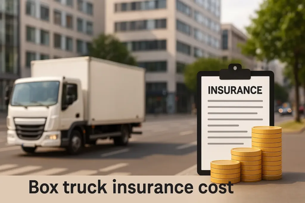 Box Truck Insurance Cost in 2025 car insurance quotes massachusetts A delivery truck on a city street with insurance paperwork and coins, representing box truck insurance cost in the U.S. in 2025.