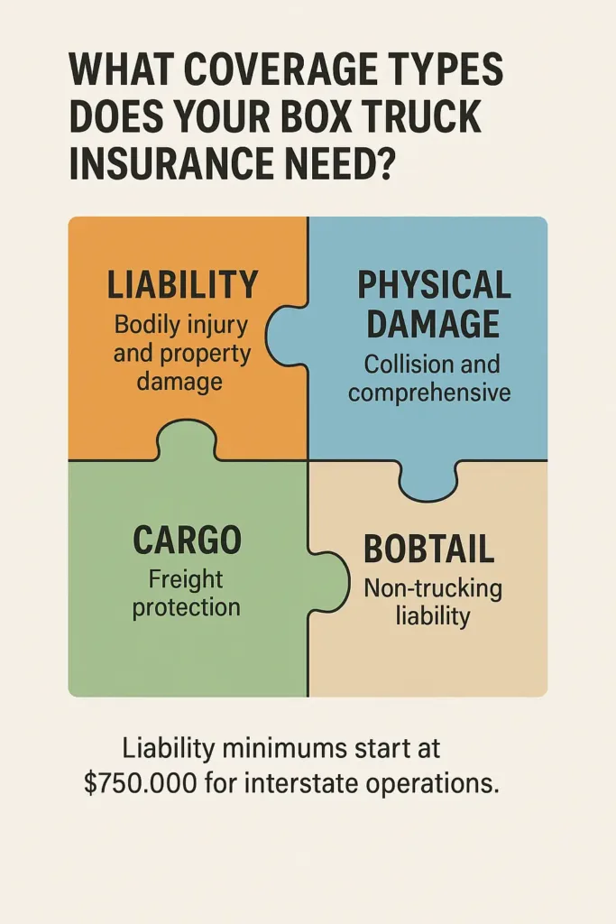 Box Truck Insurance Cost in 2025 box truck insurance cost Diagram breaking down liability, physical damage, cargo, and bobtail coverage for box trucks