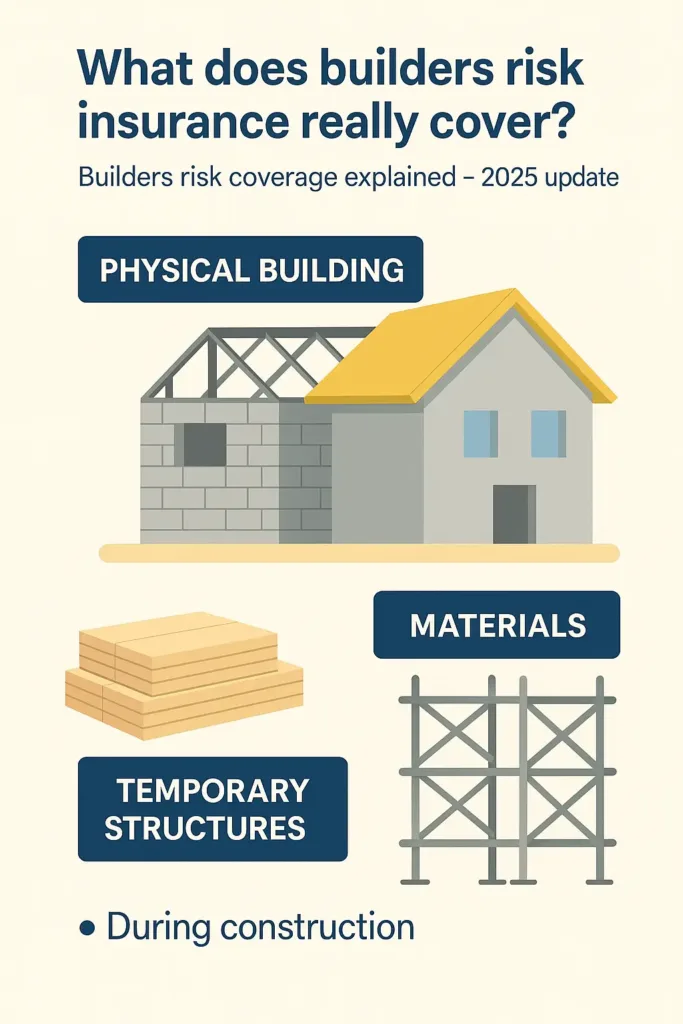 Builders Risk Insurance builders risk insurance Infographic showing what builders risk insurance typically covers during construction