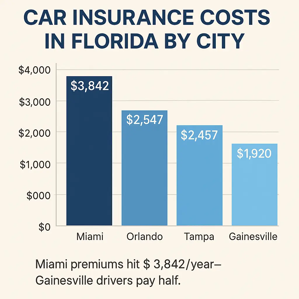 Car Insurance Florida 2025 car insurance florida Infographic comparing 2025 car insurance premiums in Miami, Orlando, Tampa, and Gainesville.
