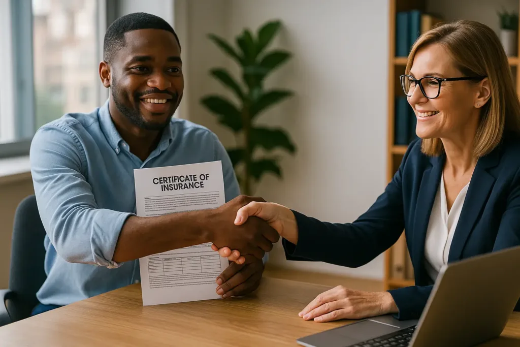 Certificate of Insurance: Essential Facts & How to Verify certificate of insurance Business client in Boston confirming a Certificate of Insurance with an agent—verify COI authenticity and coverage compliance in 2025.
