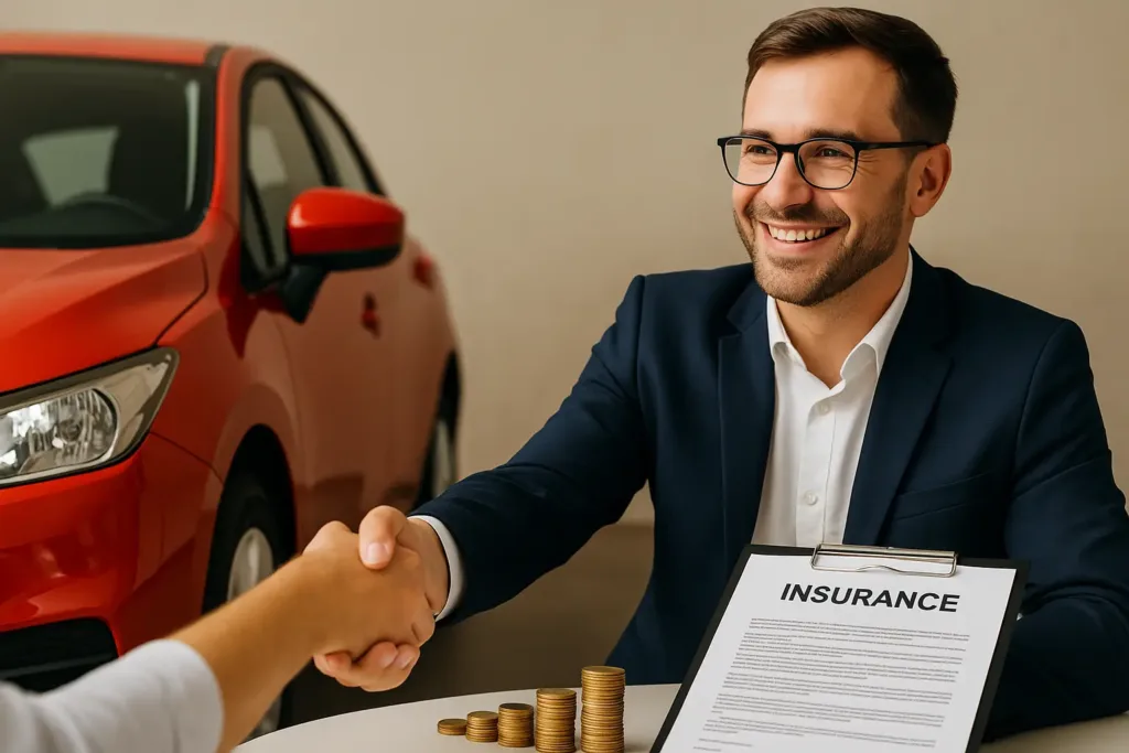 Cheapest Cars to Insure car insurance quotes massachusetts Smiling insurance agent shaking hands beside a red car and a contract, representing cheapest car insurance quotes.