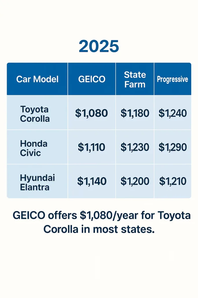 Cheapest Cars to Insure cheapest cars to insure Table comparing insurance premiums from GEICO, State Farm, and Progressive for budget-friendly car models.