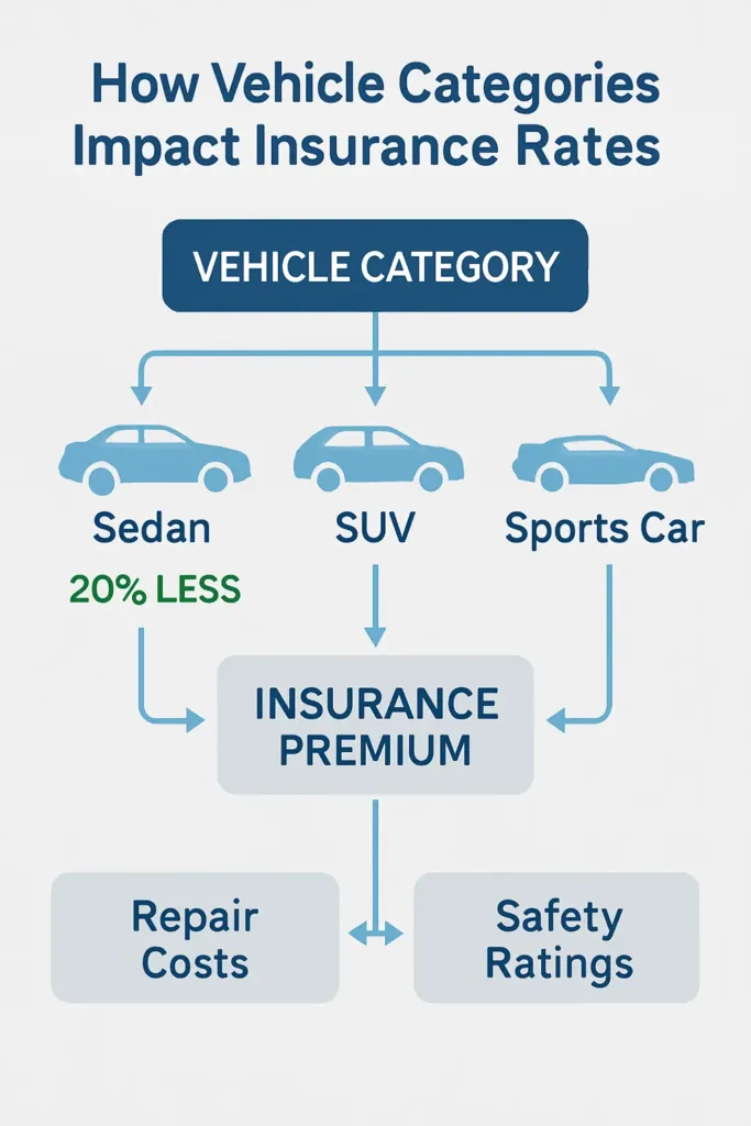 Cheapest Cars to Insure cheapest cars to insure Flowchart explaining how vehicle types like sedans, SUVs, and sports cars affect insurance premiums.