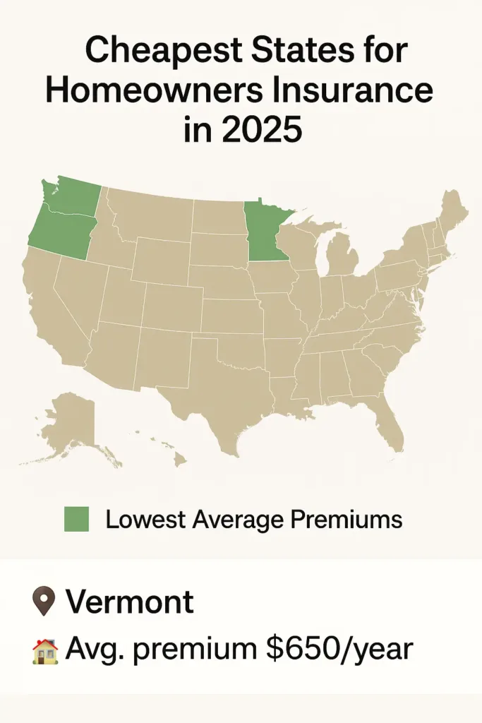 Cheapest Homeowners Insurance cheapest homeowners insurance US map highlighting cheapest homeowners insurance states like Vermont, Idaho, and Oregon in 2025