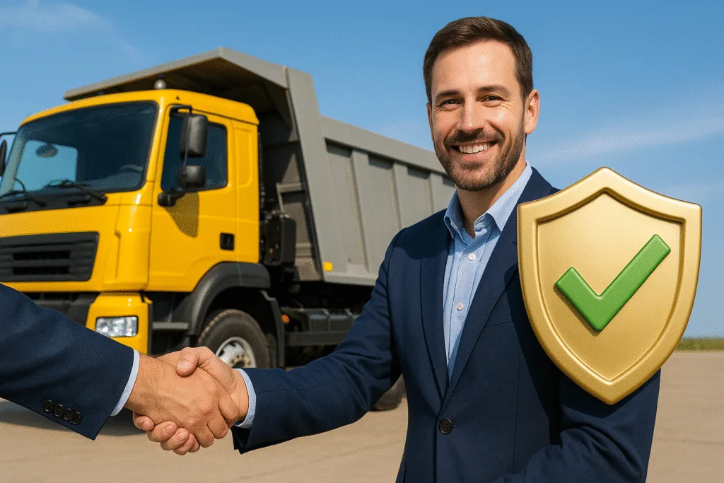 Commercial Dump Truck Insurance commercial dump truck insurance Insurance agent shaking hands with a dump truck driver beside a yellow dump truck, symbolizing commercial dump truck insurance approval.