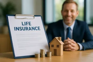 Life insurance agent presenting policy document with wooden house model and coin stacks in a USA office – illustrating 2025 comparison focus