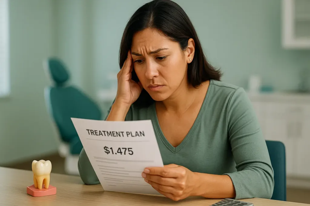 How Much Is a Crown Without Insurance? how much is a crown without insurance Worried woman reviewing dental bill in a clinic with visible crown model – crown cost without insurance