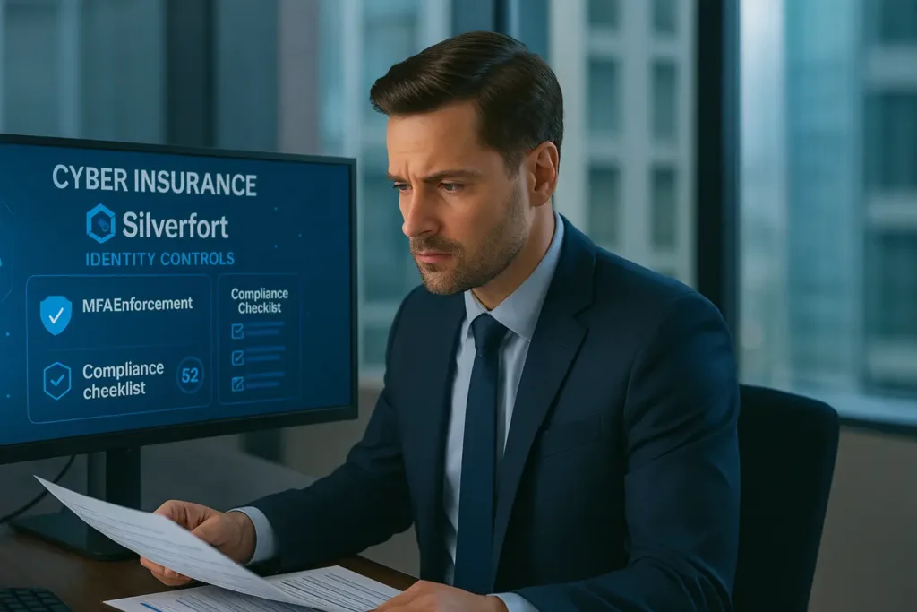 Business Insurance Business Insurance Visual showing Silverfort platform enhancing cyber insurance coverage for identity security in 2025.