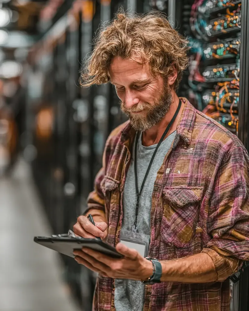 Critical System Protection: Secure Your Business in 2025 critical system protection Cybersecurity analyst inspecting server racks for critical system protection in a data center environment.