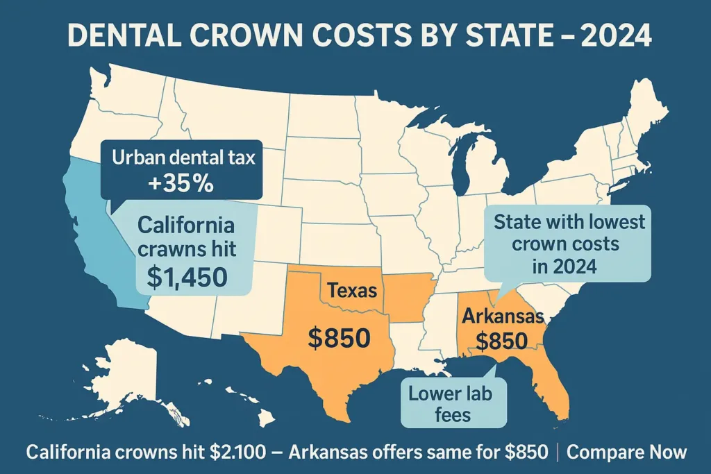 How Much Is a Crown Without Insurance? how much is a crown without insurance Map showing 2024 dental crown prices across U.S. states, highlighting California, Texas, and Arkansas differences.