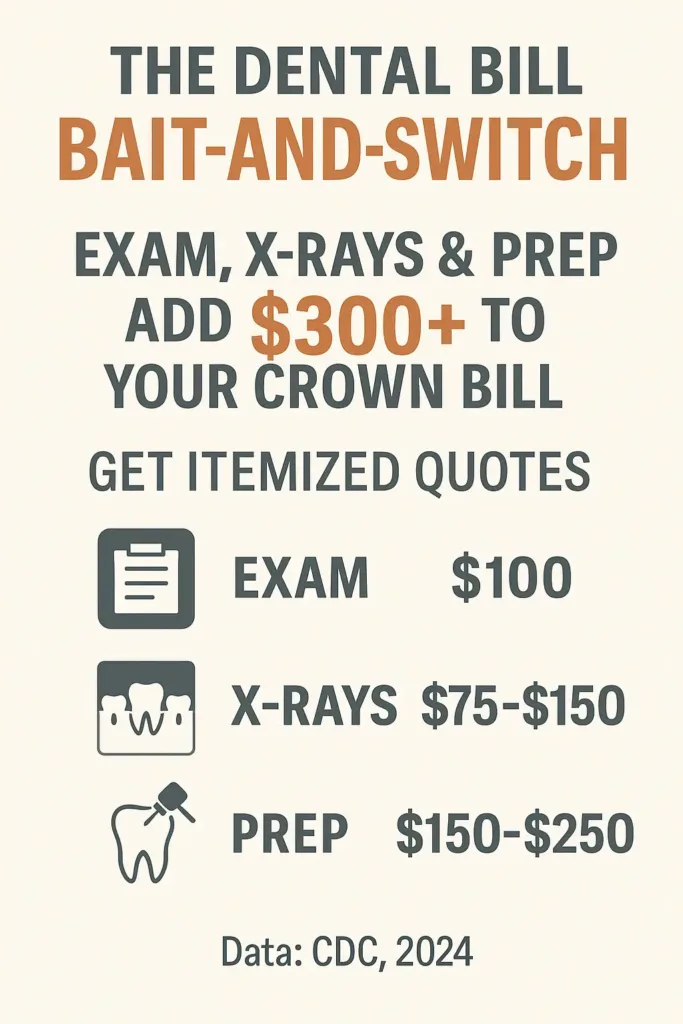 How Much Is a Crown Without Insurance? how much is a crown without insurance Infographic detailing hidden dental crown costs like exams, X-rays, and tooth preparation fees.