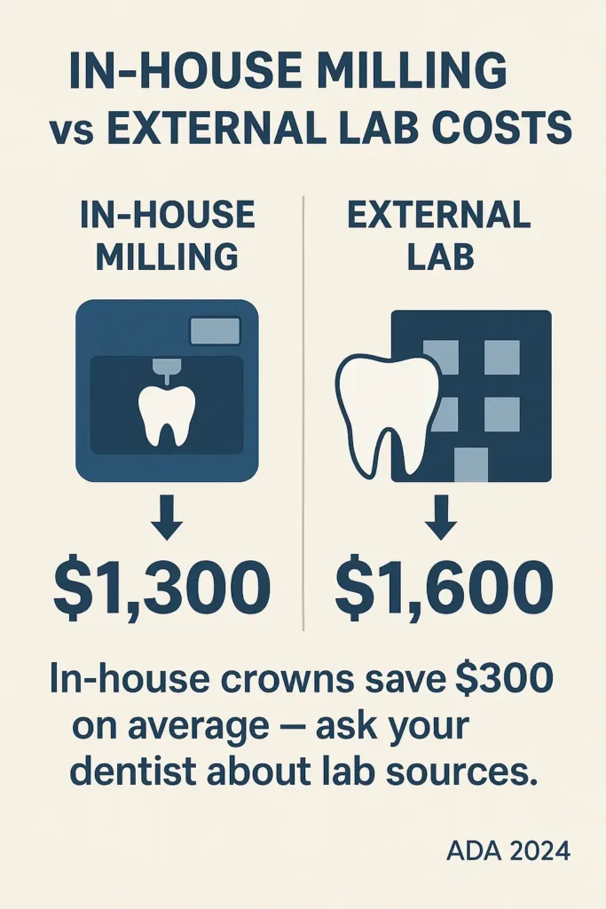 How Much Is a Crown Without Insurance? how much is a crown without insurance Diagram comparing in-house milling vs external lab costs for dental crowns in 2024.