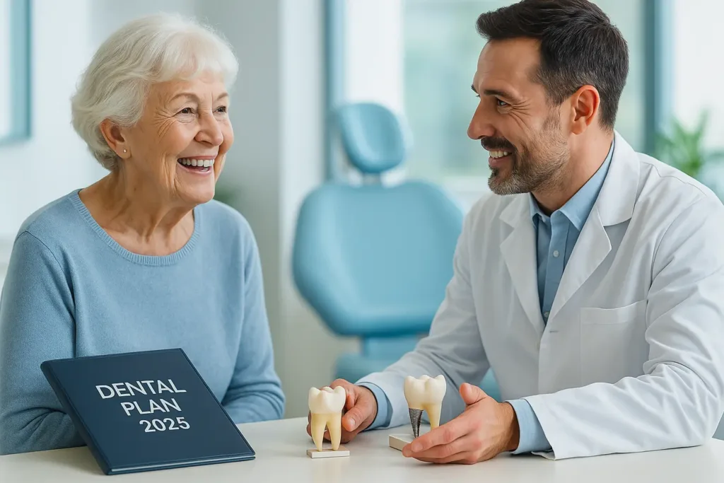 Health Insurance Health Insurance Elderly woman discussing dental insurance and implants in a professional setting – 2025