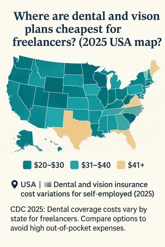 Insurance for Self-Employed insurance for self-employed USA map showing average dental and vision insurance costs for freelancers by state (2025)