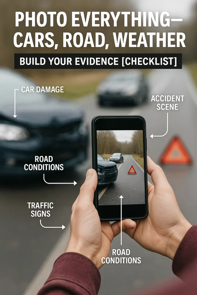 What To Do After a Car Accident ? what to do after a car accident Person taking photos of car damage and accident scene immediately after collision.