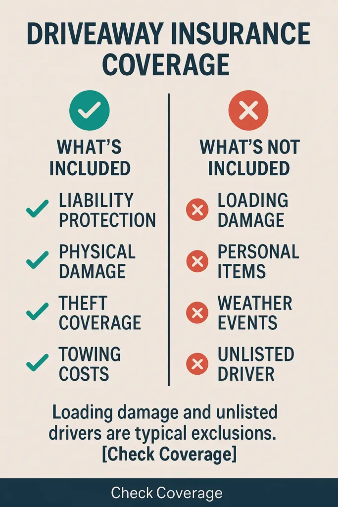 Driveaway Insurance 2025 driveaway insurance Checklist infographic of driveaway insurance inclusions and common exclusions.