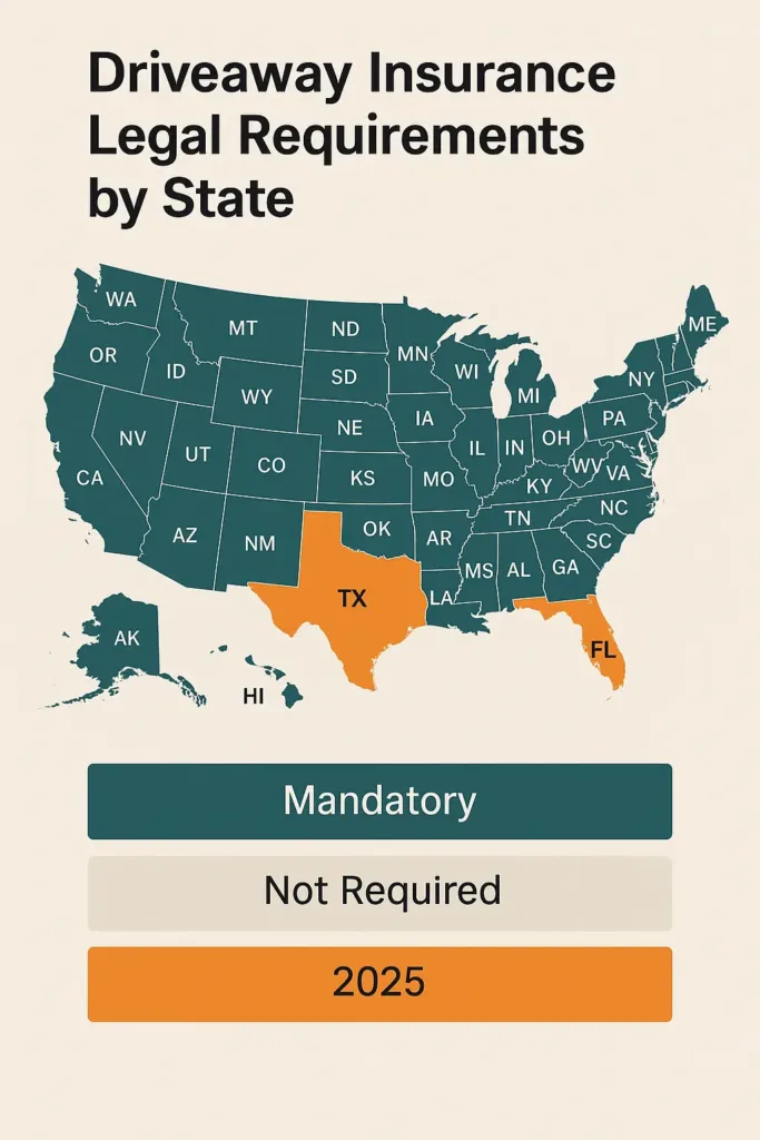 Driveaway Insurance 2025 driveaway insurance Map highlighting driveaway insurance legal requirements across U.S. states.