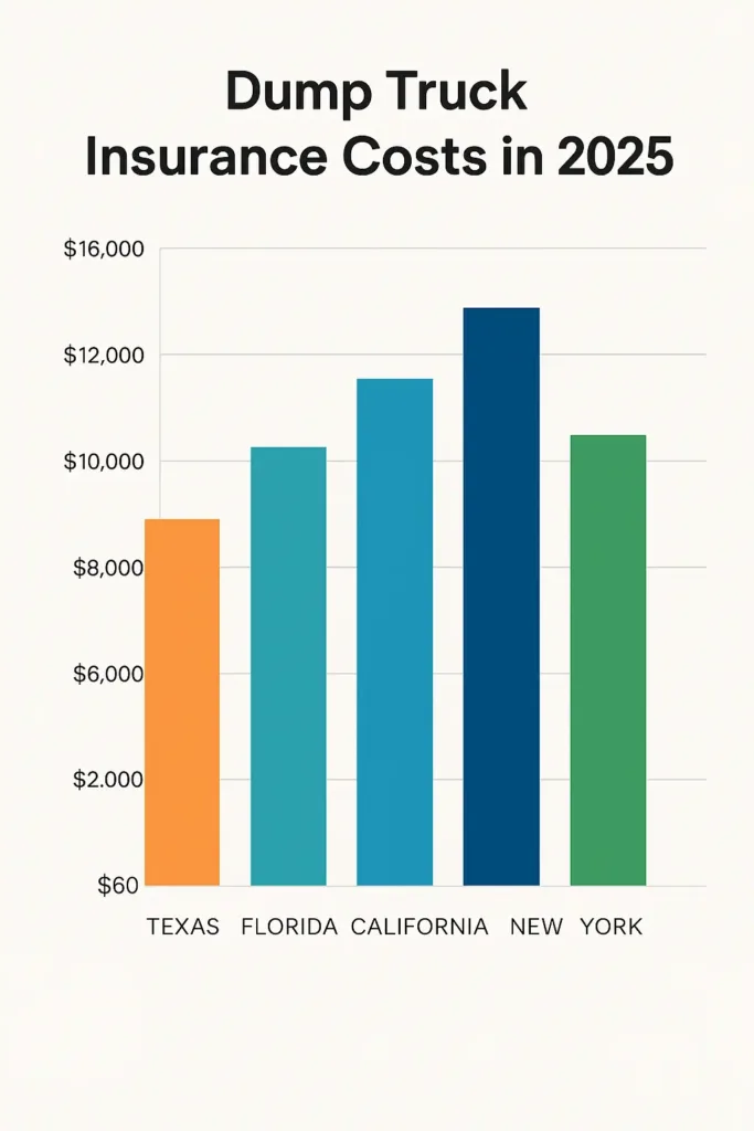 Commercial Dump Truck Insurance commercial dump truck insurance Bar chart comparing 2025 dump truck insurance costs across Texas, Florida, California, New York, and Illinois.