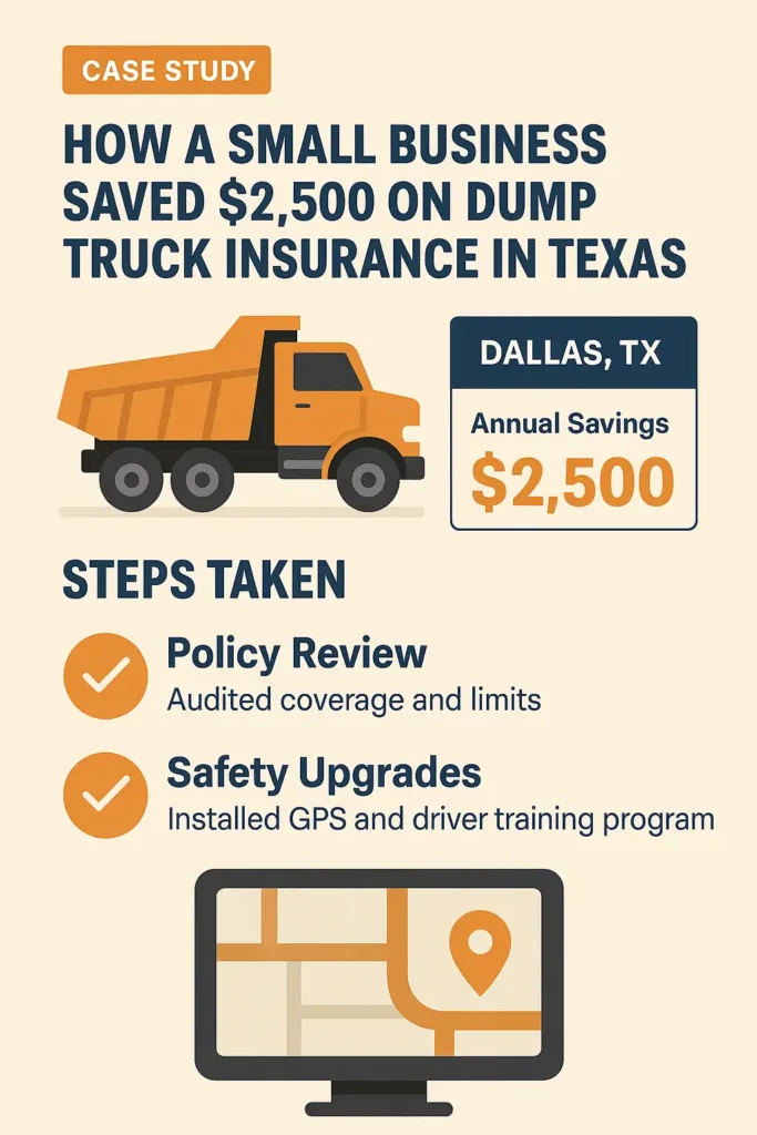 Commercial Dump Truck Insurance commercial dump truck insurance Case study infographic illustrating how a Texas small business reduced dump truck insurance costs by $2,500 through safety upgrades
