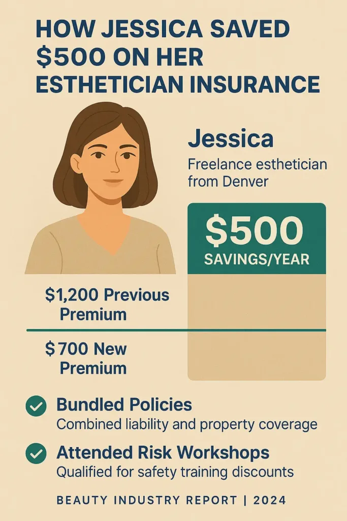 Esthetician Insurance Guide 2025 esthetician insurance Infographic detailing how Jessica, a Denver esthetician, saved $500 on her insurance premium.
