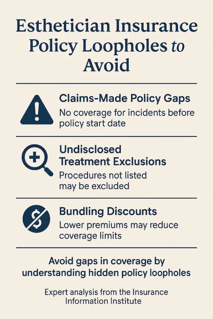 Esthetician Insurance Guide 2025 esthetician insurance Visual guide explaining three common esthetician insurance loopholes that affect coverage and costs.