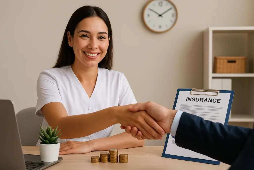 Esthetician Insurance Guide 2025 esthetician insurance Smiling esthetician shaking hands with a client, insurance documents and stacked coins on desk.