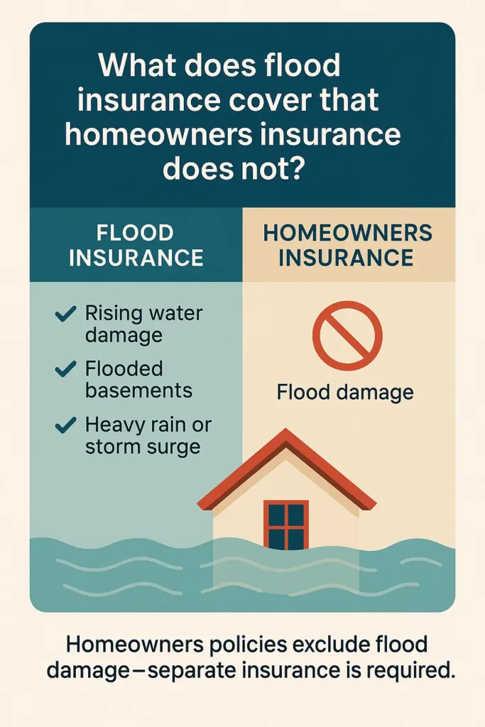 Flood Insurance Guide 2025 flood insurance Infographic comparing flood insurance vs homeowners insurance coverage inclusions.