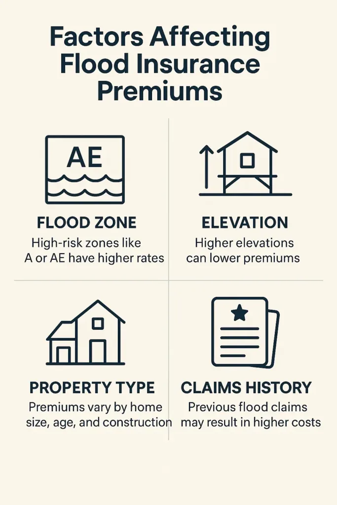 How Much Is Flood Insurance in Florida how much is flood insurance in Florida Diagram showing how flood zone, elevation, property type, and claims history impact Florida flood insurance premiums in 2025.