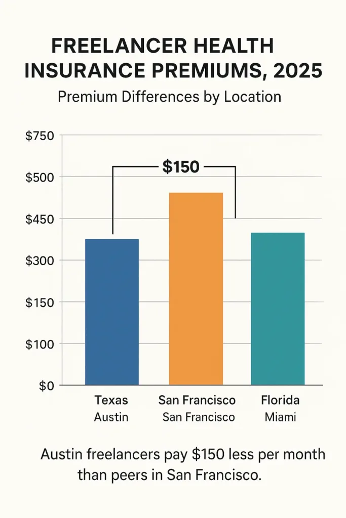 Health Insurance for Self Employed health insurance for self employed Bar chart comparing freelancer health insurance premiums in Texas, California, and Florida in 2025, highlighting regional cost disparities.