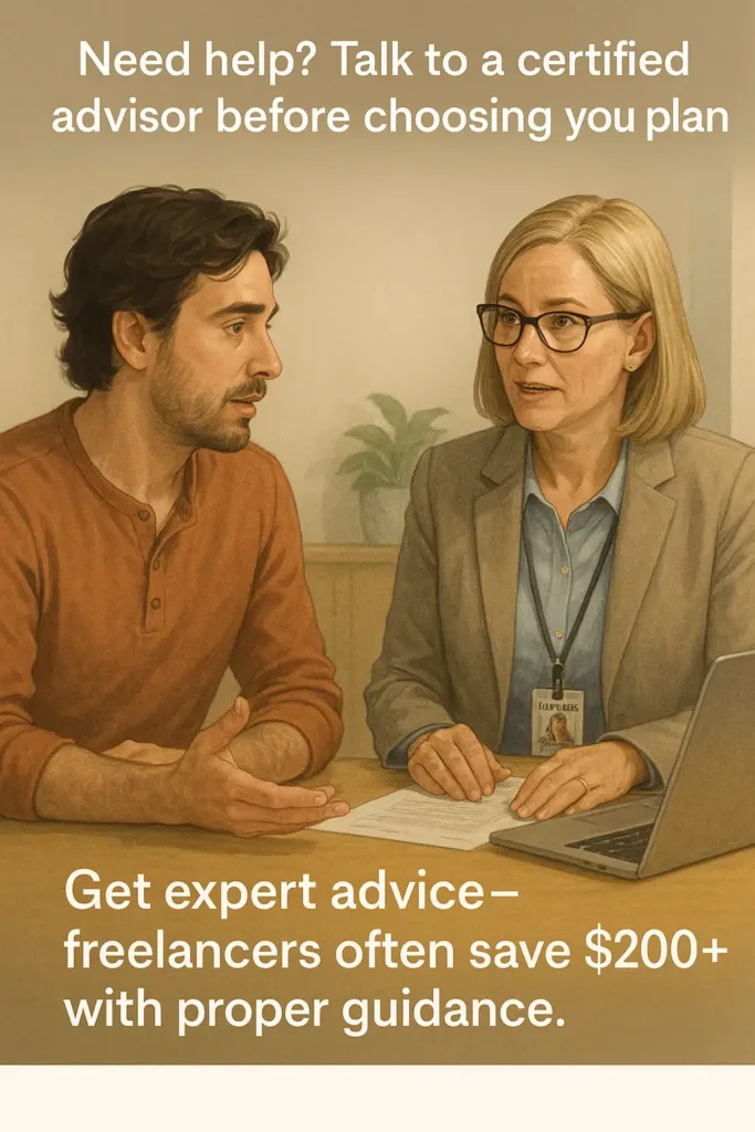 Health Insurance for Self Employed health insurance for self employed Illustration of a freelancer discussing health insurance options with a certified advisor, showing trust and expertise.